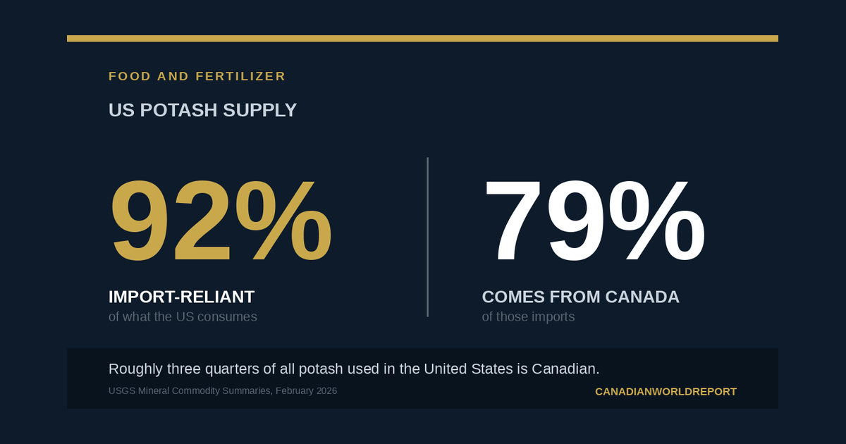 Chart showing the United States is 92 per cent reliant on imported potash and that Canada supplies 79 per cent of those imports.