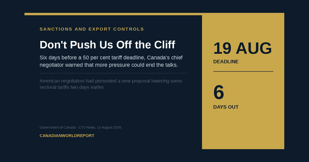 Cover graphic marking the 19 August tariff deadline and the six days remaining when Canada issued its warning.