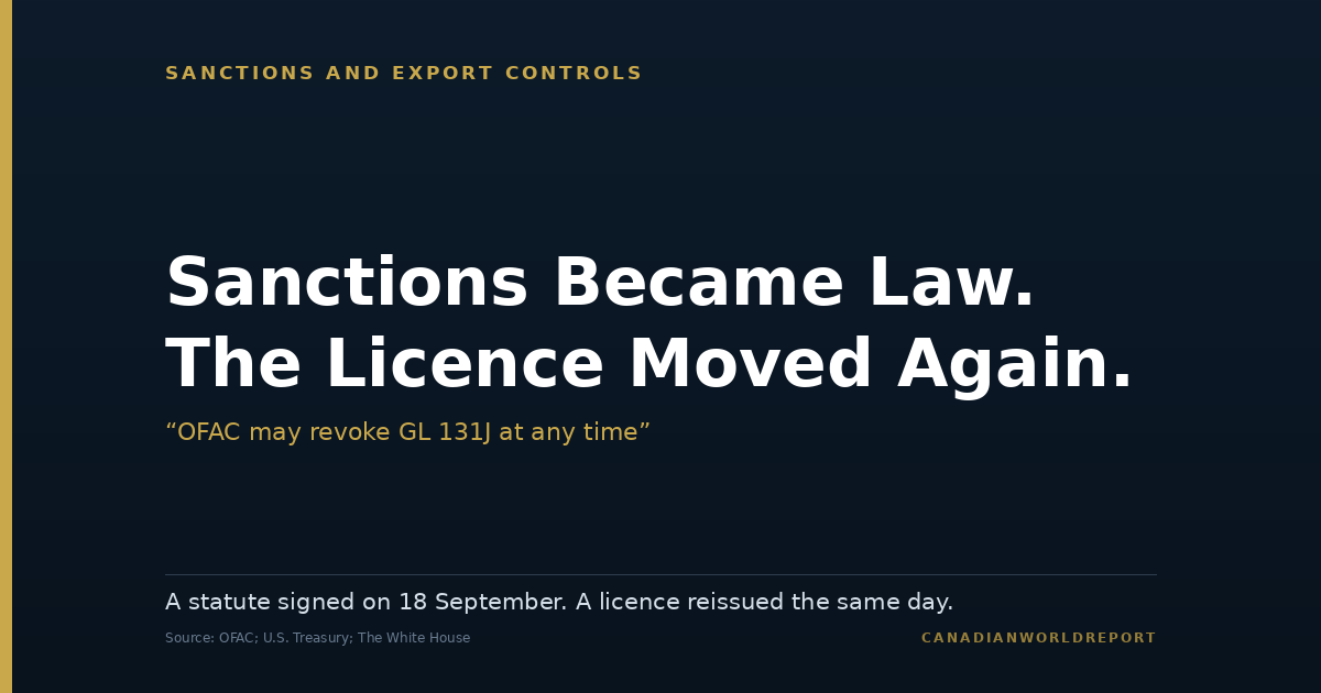 Editorial card. Headline: Sanctions Became Law. The Licence Moved Again. Subhead, quoting the Office of Foreign Assets Control, OFAC may revoke General License 131J at any time. Note: a statute was signed on 18 September 2026 and a sanctions licence was reissued the same day. Sources: OFAC, the U.S. Department of the Treasury and The White House.