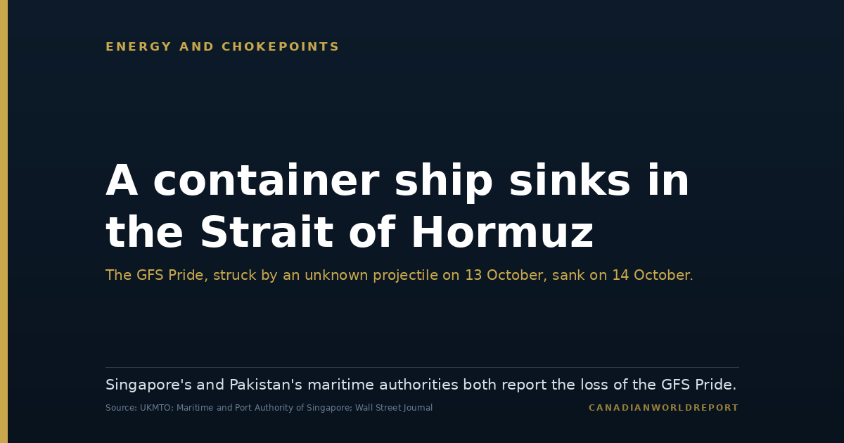 Editorial card reading: A container ship sinks in the Strait of Hormuz. The Singapore-registered GFS Pride, struck by an unknown projectile on 13 October 2026, sank on 14 October 2026.