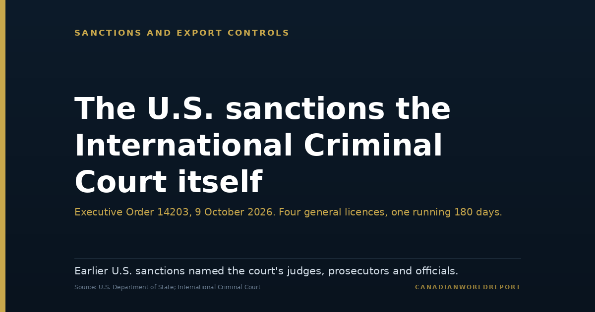 Editorial card reading: The U.S. sanctions the International Criminal Court itself. Executive Order 14203, 9 October 2026, with four general licences, one running 180 days.