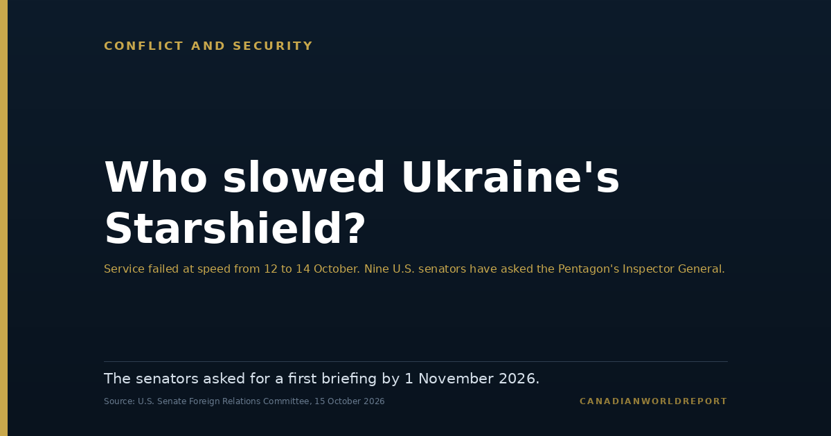 Editorial card reading: Who slowed Ukraine's Starshield? Service on the Starshield satellite terminals used by Ukraine's military failed at speed from 12 to 14 October 2026. Nine United States senators have asked the Department of Defense Inspector General to investigate, with a first briefing requested by 1 November 2026.